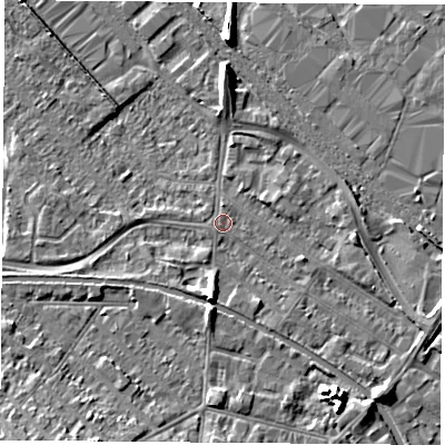 Shaded relief map of the ground around LE111JX, computed from Environment Agency LiDAR. The ground here sits at about 38 m above sea level and falls 7 m across the surrounding 800 m. Surface water reaching this point runs off ground lying to the south-east, 5.5 m higher.