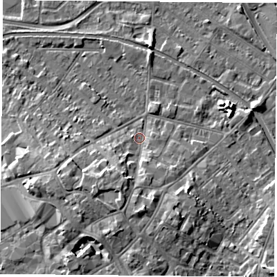 Shaded relief map of the ground around LE111JY, computed from Environment Agency LiDAR. The ground here sits at about 40 m above sea level and falls 8 m across the surrounding 800 m. Surface water reaching this point runs off ground lying to the south-west, 6.2 m higher.