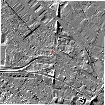 Shaded relief map of the ground around LE111JZ, computed from Environment Agency LiDAR. The ground here sits at about 38 m above sea level and falls 7 m across the surrounding 800 m. Surface water reaching this point runs off ground lying to the east-south-east, 0.9 m higher.