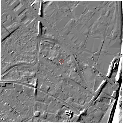 Shaded relief map of the ground around LE111LA, computed from Environment Agency LiDAR. The ground here sits at about 39 m above sea level and falls 11 m across the surrounding 800 m. Surface water reaching this point runs off ground lying to the east, 1.3 m higher.