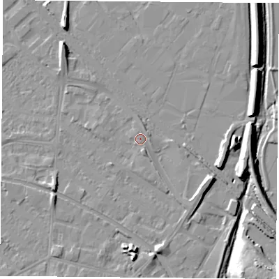 Shaded relief map of the ground around LE111LB, computed from Environment Agency LiDAR. The ground here sits at about 40 m above sea level and falls 12 m across the surrounding 800 m. Surface water reaching this point runs off ground lying to the north-north-west, 0.8 m higher.