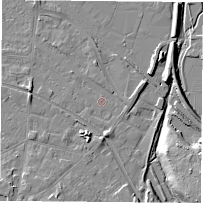Shaded relief map of the ground around LE111LH, computed from Environment Agency LiDAR. The ground here sits at about 39 m above sea level and falls 14 m across the surrounding 800 m. Surface water reaching this point runs off ground lying to the south, 3.3 m higher.
