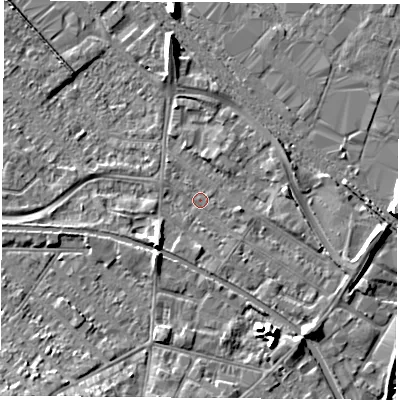 Shaded relief map of the ground around LE111LQ, computed from Environment Agency LiDAR. The ground here sits at about 38 m above sea level and falls 8 m across the surrounding 800 m. Surface water reaching this point runs off ground lying to the south-south-east, 5.5 m higher.