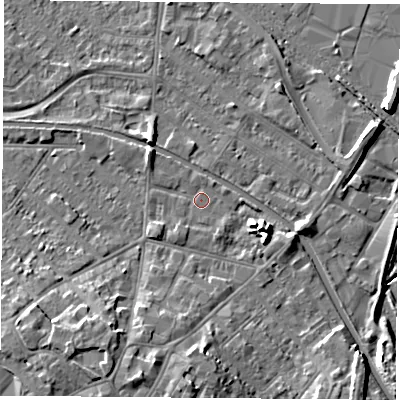 Shaded relief map of the ground around LE111LS, computed from Environment Agency LiDAR. The ground here sits at about 39 m above sea level and falls 10 m across the surrounding 800 m. Surface water reaching this point runs off ground lying to the south-south-east, 1.0 m higher.