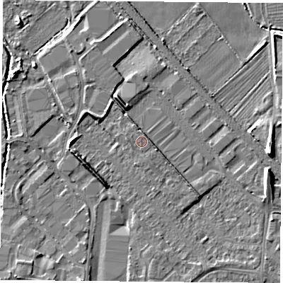 Shaded relief map of the ground around LE111LT, computed from Environment Agency LiDAR. The ground here sits at about 38 m above sea level and falls 8 m across the surrounding 800 m. Surface water reaching this point runs off ground lying to the south-east, 2.1 m higher.