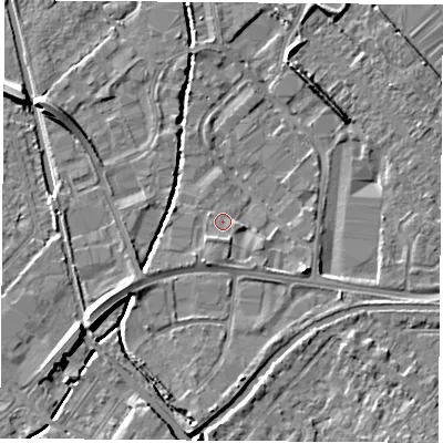 Shaded relief map of the ground around LE111LW, computed from Environment Agency LiDAR. The ground here sits at about 38 m above sea level and falls 7 m across the surrounding 800 m. Surface water reaching this point runs off ground lying to the south-south-east, 1.4 m higher.