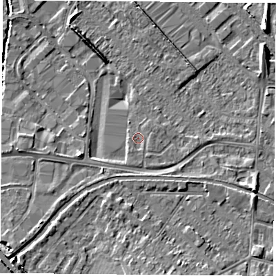 Shaded relief map of the ground around LE111LX, computed from Environment Agency LiDAR. The ground here sits at about 38 m above sea level and falls 8 m across the surrounding 800 m. Surface water reaching this point runs off ground lying to the south-south-east, 0.8 m higher.