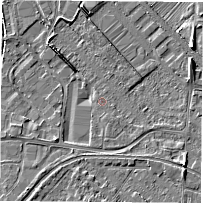 Shaded relief map of the ground around LE111LZ, computed from Environment Agency LiDAR. The ground here sits at about 38 m above sea level and falls 8 m across the surrounding 800 m. Surface water reaching this point runs off ground lying to the south-east, 4.4 m higher.