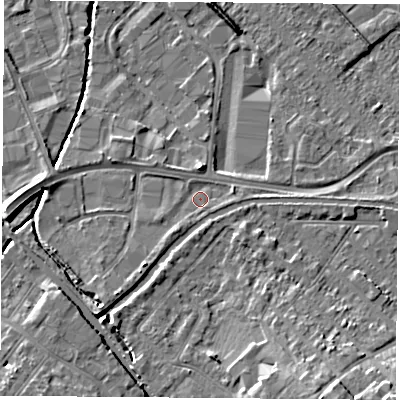 Shaded relief map of the ground around LE111NE, computed from Environment Agency LiDAR. The ground here sits at about 39 m above sea level and falls 9 m across the surrounding 800 m. Surface water reaching this point runs off ground lying to the south-west, 1.2 m higher.