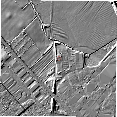 Shaded relief map of the ground around LE111NF, computed from Environment Agency LiDAR. The ground here sits at about 38 m above sea level and falls 9 m across the surrounding 800 m. Surface water reaching this point runs off ground lying to the west, 1.5 m higher.