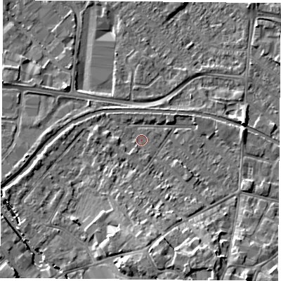 Shaded relief map of the ground around LE111NG, computed from Environment Agency LiDAR. The ground here sits at about 39 m above sea level and falls 9 m across the surrounding 800 m. Surface water reaching this point runs off ground lying to the south-south-east, 7.4 m higher.