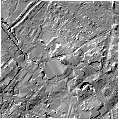 Shaded relief map of the ground around LE111NH, computed from Environment Agency LiDAR. The ground here sits at about 42 m above sea level and falls 8 m across the surrounding 800 m. Surface water reaching this point runs off ground lying to the east-south-east, 2.8 m higher.