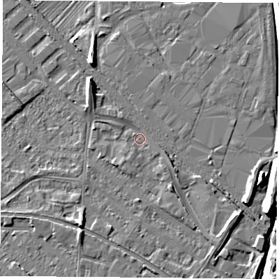 Shaded relief map of the ground around LE111NJ, computed from Environment Agency LiDAR. The ground here sits at about 39 m above sea level and falls 8 m across the surrounding 800 m. Surface water reaching this point runs off ground lying to the south-east, 0.7 m higher.