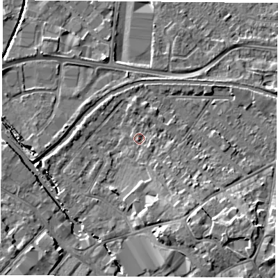 Shaded relief map of the ground around LE111NP, computed from Environment Agency LiDAR. The ground here sits at about 40 m above sea level and falls 9 m across the surrounding 800 m. Surface water reaching this point runs off ground lying to the south-south-east, 6.3 m higher.