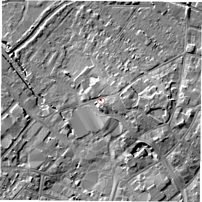 Shaded relief map of the ground around LE111NQ, computed from Environment Agency LiDAR. The ground here sits at about 43 m above sea level and falls 8 m across the surrounding 800 m. Surface water reaching this point runs off ground lying to the east-south-east, 2.3 m higher.