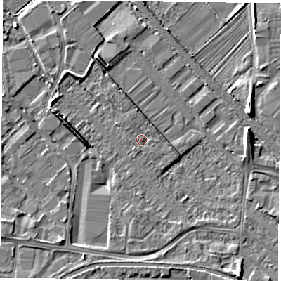 Shaded relief map of the ground around LE111NT, computed from Environment Agency LiDAR. The ground here sits at about 38 m above sea level and falls 7 m across the surrounding 800 m. Surface water reaching this point runs off ground lying to the east-south-east, 1.7 m higher.