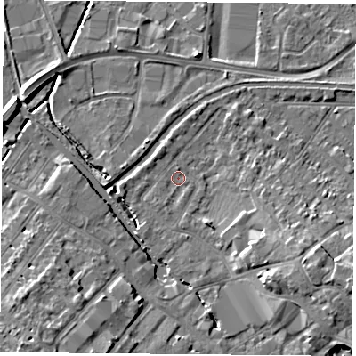Shaded relief map of the ground around LE111PE, computed from Environment Agency LiDAR. The ground here sits at about 39 m above sea level and falls 10 m across the surrounding 800 m. Surface water reaching this point runs off ground lying to the south-east, 5.6 m higher.