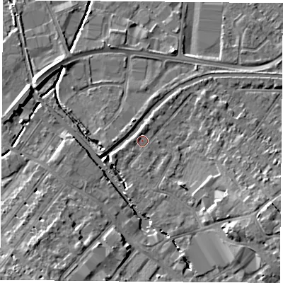 Shaded relief map of the ground around LE111PF, computed from Environment Agency LiDAR. The ground here sits at about 39 m above sea level and falls 10 m across the surrounding 800 m. Surface water reaching this point runs off ground lying to the south-west, 2.5 m higher.