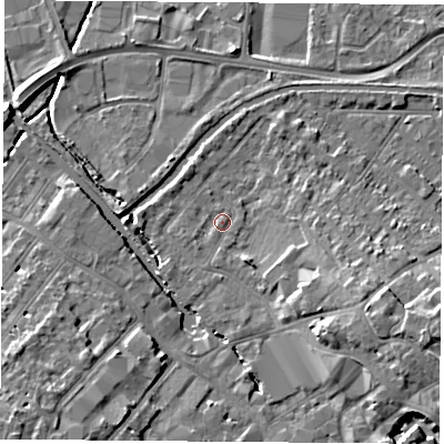 Shaded relief map of the ground around LE111PG, computed from Environment Agency LiDAR. The ground here sits at about 40 m above sea level and falls 10 m across the surrounding 800 m. Surface water reaching this point runs off ground lying to the south-east, 5.5 m higher.