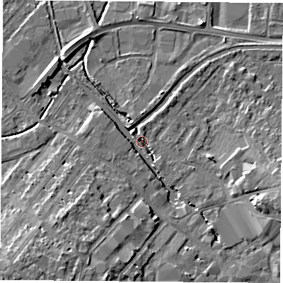 Shaded relief map of the ground around LE111PZ, computed from Environment Agency LiDAR. The ground here sits at about 39 m above sea level and falls 12 m across the surrounding 800 m. Surface water reaching this point runs off ground lying to the south-west, 8.7 m higher.