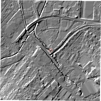 Shaded relief map of the ground around LE111QA, computed from Environment Agency LiDAR. The ground here sits at about 40 m above sea level and falls 11 m across the surrounding 800 m. Surface water reaching this point runs off ground lying to the south, 3.1 m higher.