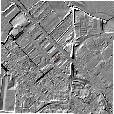 Shaded relief map of the ground around LE111QJ, computed from Environment Agency LiDAR. The ground here sits at about 38 m above sea level and falls 8 m across the surrounding 800 m. Surface water reaching this point runs off ground lying to the north-west, 0.6 m higher.