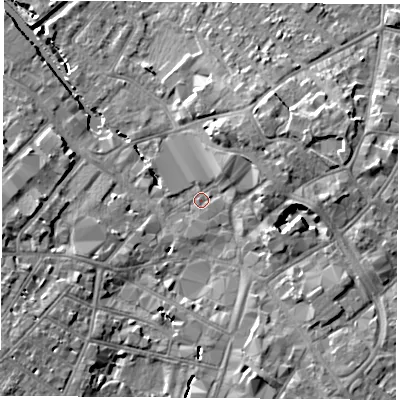 Shaded relief map of the ground around LE111QQ, computed from Environment Agency LiDAR. The ground here sits at about 41 m above sea level and falls 9 m across the surrounding 800 m. Surface water reaching this point runs off ground lying to the south-south-west, 0.9 m higher.