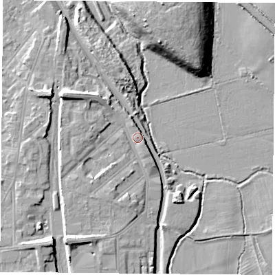 Shaded relief map of the ground around LE111RS, computed from Environment Agency LiDAR. The ground here sits at about 42 m above sea level and falls 14 m across the surrounding 800 m. Surface water reaching this point runs off ground lying to the south-west, 8.5 m higher.