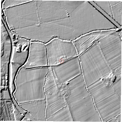 Shaded relief map of the ground around LE111ST, computed from Environment Agency LiDAR. The ground here sits at about 39 m above sea level and falls 7 m across the surrounding 800 m. Surface water reaching this point runs off ground lying to the east, 0.9 m higher.