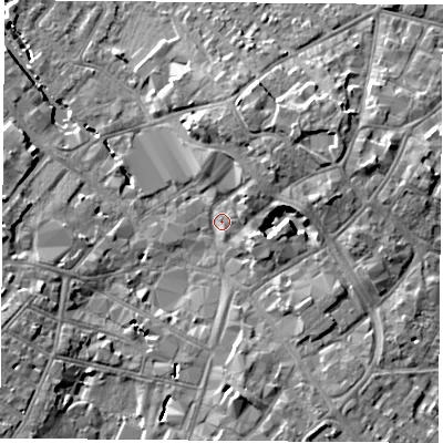 Shaded relief map of the ground around LE111TZ, computed from Environment Agency LiDAR. The ground here sits at about 42 m above sea level and falls 8 m across the surrounding 800 m. Surface water reaching this point runs off ground lying to the north-east, 4.9 m higher.