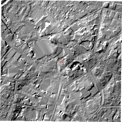 Shaded relief map of the ground around LE111UA, computed from Environment Agency LiDAR. The ground here sits at about 43 m above sea level and falls 8 m across the surrounding 800 m. Surface water reaching this point runs off ground lying to the north-east, 4.0 m higher.