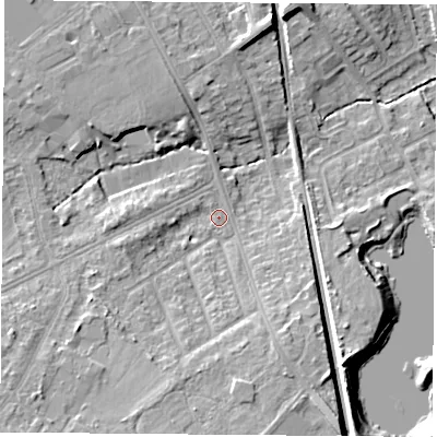 Shaded relief map of the ground around LE112AF, computed from Environment Agency LiDAR. The ground here sits at about 42 m above sea level and falls 11 m across the surrounding 800 m. Surface water reaching this point runs off ground lying to the south-south-west, 8.3 m higher.