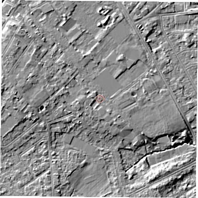 Shaded relief map of the ground around LE112DU, computed from Environment Agency LiDAR. The ground here sits at about 45 m above sea level and falls 7 m across the surrounding 800 m. Surface water reaching this point runs off ground lying to the west-south-west, 1.2 m higher.