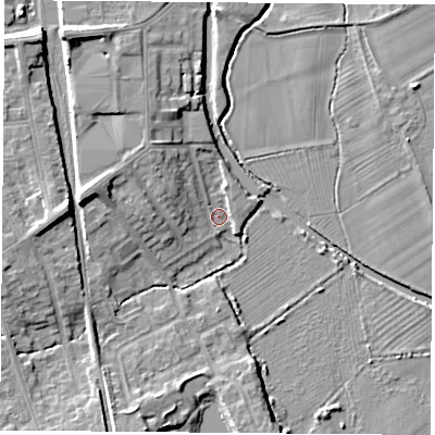 Shaded relief map of the ground around LE112PA, computed from Environment Agency LiDAR. The ground here sits at about 39 m above sea level and falls 10 m across the surrounding 800 m. Surface water reaching this point runs off ground lying to the north-west, 5.2 m higher.