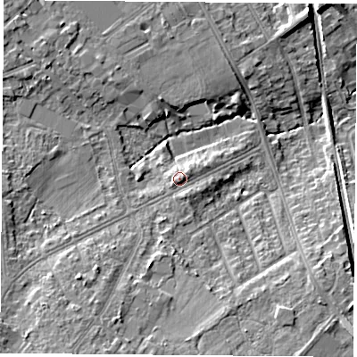 Shaded relief map of the ground around LE112PF, computed from Environment Agency LiDAR. The ground here sits at about 45 m above sea level and falls 10 m across the surrounding 800 m. Surface water reaching this point runs off ground lying to the east-north-east, 1.0 m higher.