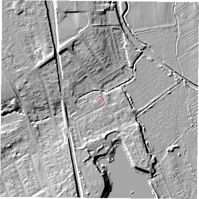 Shaded relief map of the ground around LE112PH, computed from Environment Agency LiDAR. The ground here sits at about 40 m above sea level and falls 9 m across the surrounding 800 m. Surface water reaching this point runs off ground lying to the north-west, 8.2 m higher.