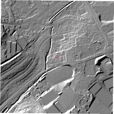 Shaded relief map of the ground around LE113AN, computed from Environment Agency LiDAR. The ground here sits at about 48 m above sea level and falls 20 m across the surrounding 800 m. Surface water reaching this point runs off ground lying to the east-south-east, 4.8 m higher.