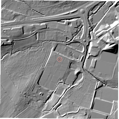 Shaded relief map of the ground around LE113AQ, computed from Environment Agency LiDAR. The ground here sits at about 59 m above sea level and falls 20 m across the surrounding 800 m. The ground contributing surface water to this point lies to the south-south-west.