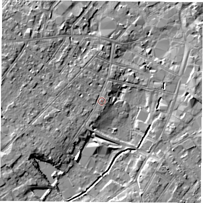Shaded relief map of the ground around LE113BJ, computed from Environment Agency LiDAR. The ground here sits at about 45 m above sea level and falls 9 m across the surrounding 800 m. Surface water reaching this point runs off ground lying to the west-north-west, 3.8 m higher.