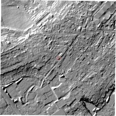 Shaded relief map of the ground around LE113BP, computed from Environment Agency LiDAR. The ground here sits at about 48 m above sea level and falls 10 m across the surrounding 800 m. Surface water reaching this point runs off ground lying to the west-north-west, 1.4 m higher.