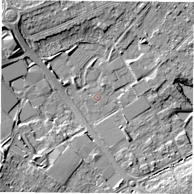 Shaded relief map of the ground around LE113BT, computed from Environment Agency LiDAR. The ground here sits at about 45 m above sea level and falls 13 m across the surrounding 800 m. Surface water reaching this point runs off ground lying to the south-west, 10.4 m higher.
