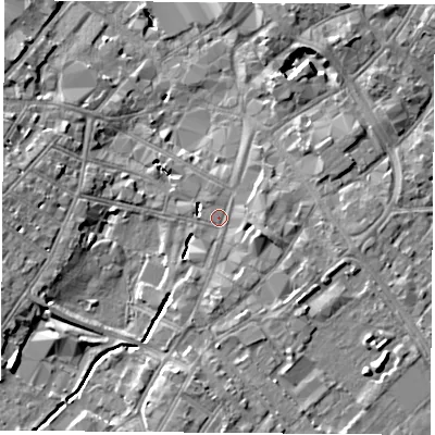 Shaded relief map of the ground around LE113DL, computed from Environment Agency LiDAR. The ground here sits at about 43 m above sea level and falls 8 m across the surrounding 800 m. Surface water reaching this point runs off ground lying to the south, 3.7 m higher.