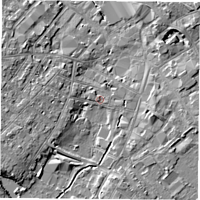 Shaded relief map of the ground around LE113DU, computed from Environment Agency LiDAR. The ground here sits at about 43 m above sea level and falls 9 m across the surrounding 800 m. Surface water reaching this point runs off ground lying to the south-west, 6.7 m higher.