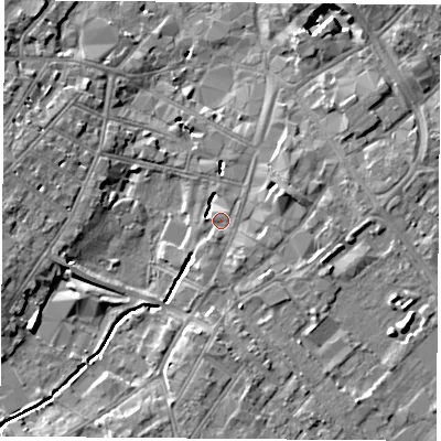 Shaded relief map of the ground around LE113DW, computed from Environment Agency LiDAR. The ground here sits at about 43 m above sea level and falls 7 m across the surrounding 800 m. Surface water reaching this point runs off ground lying to the south, 3.7 m higher.