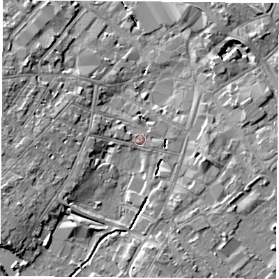 Shaded relief map of the ground around LE113DY, computed from Environment Agency LiDAR. The ground here sits at about 43 m above sea level and falls 9 m across the surrounding 800 m. Surface water reaching this point runs off ground lying to the south-west, 6.5 m higher.