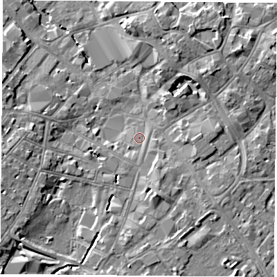 Shaded relief map of the ground around LE113EA, computed from Environment Agency LiDAR. The ground here sits at about 42 m above sea level and falls 8 m across the surrounding 800 m. Surface water reaching this point runs off ground lying to the south, 1.5 m higher.