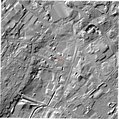 Shaded relief map of the ground around LE113EP, computed from Environment Agency LiDAR. The ground here sits at about 43 m above sea level and falls 9 m across the surrounding 800 m. The ground contributing surface water to this point lies to the east.