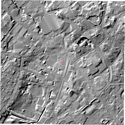 Shaded relief map of the ground around LE113EQ, computed from Environment Agency LiDAR. The ground here sits at about 42 m above sea level and falls 8 m across the surrounding 800 m. Surface water reaching this point runs off ground lying to the south, 1.7 m higher.