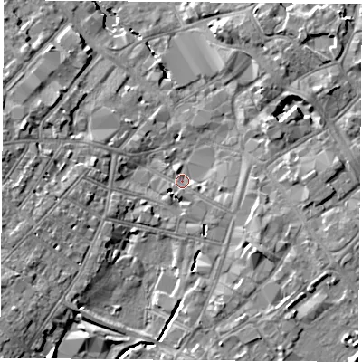Shaded relief map of the ground around LE113ER, computed from Environment Agency LiDAR. The ground here sits at about 42 m above sea level and falls 9 m across the surrounding 800 m. Surface water reaching this point runs off ground lying to the east-south-east, 1.9 m higher.