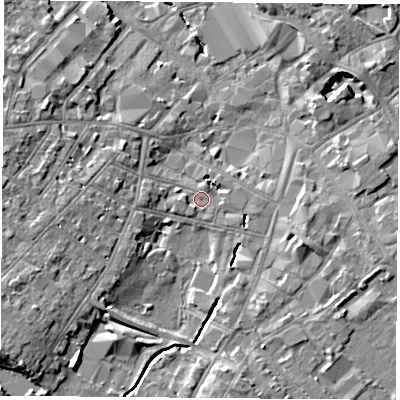 Shaded relief map of the ground around LE113EZ, computed from Environment Agency LiDAR. The ground here sits at about 42 m above sea level and falls 10 m across the surrounding 800 m. Surface water reaching this point runs off ground lying to the south, 5.9 m higher.